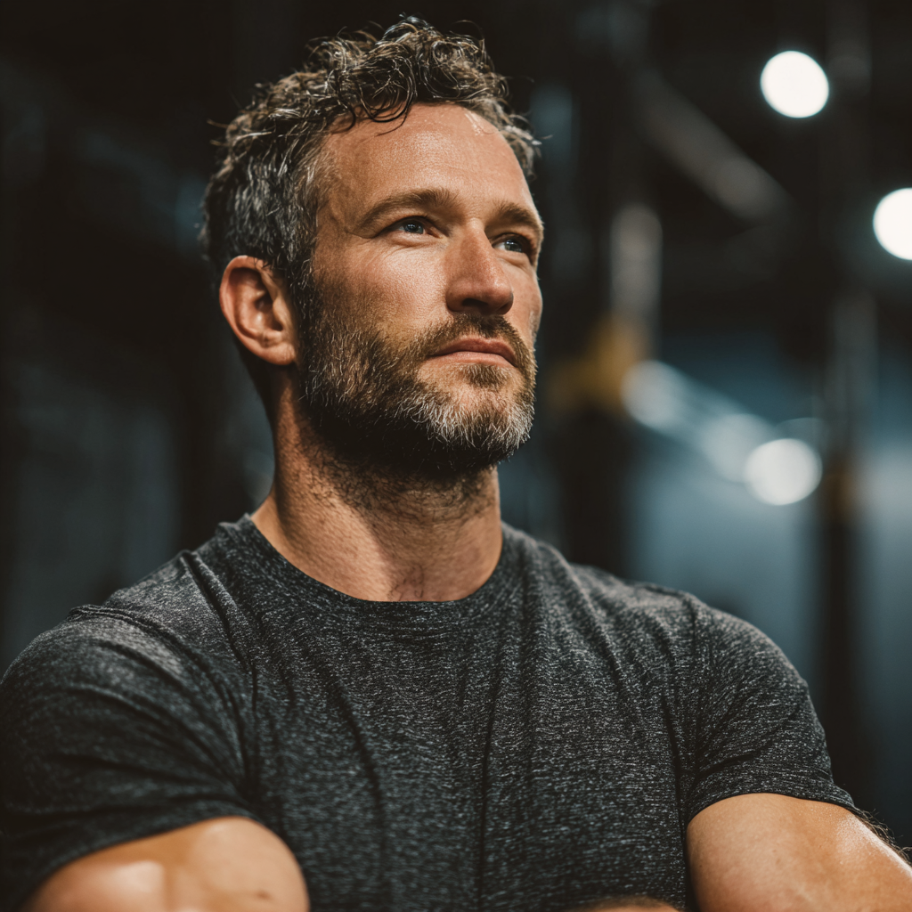 Confident athletic man in gym setting focusing on mental strength training with determined expression