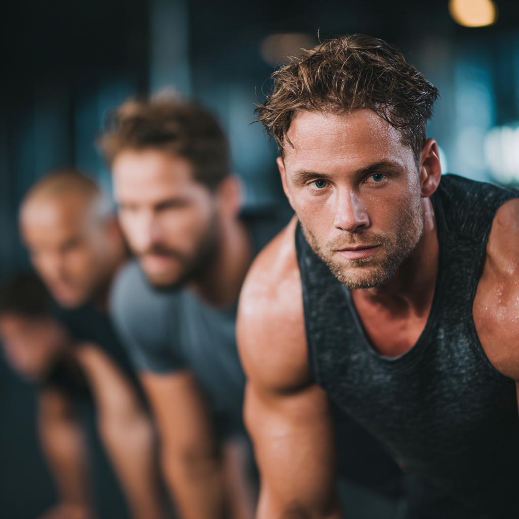 Group of determined men working out together in modern fitness environment showing teamwork and motivation